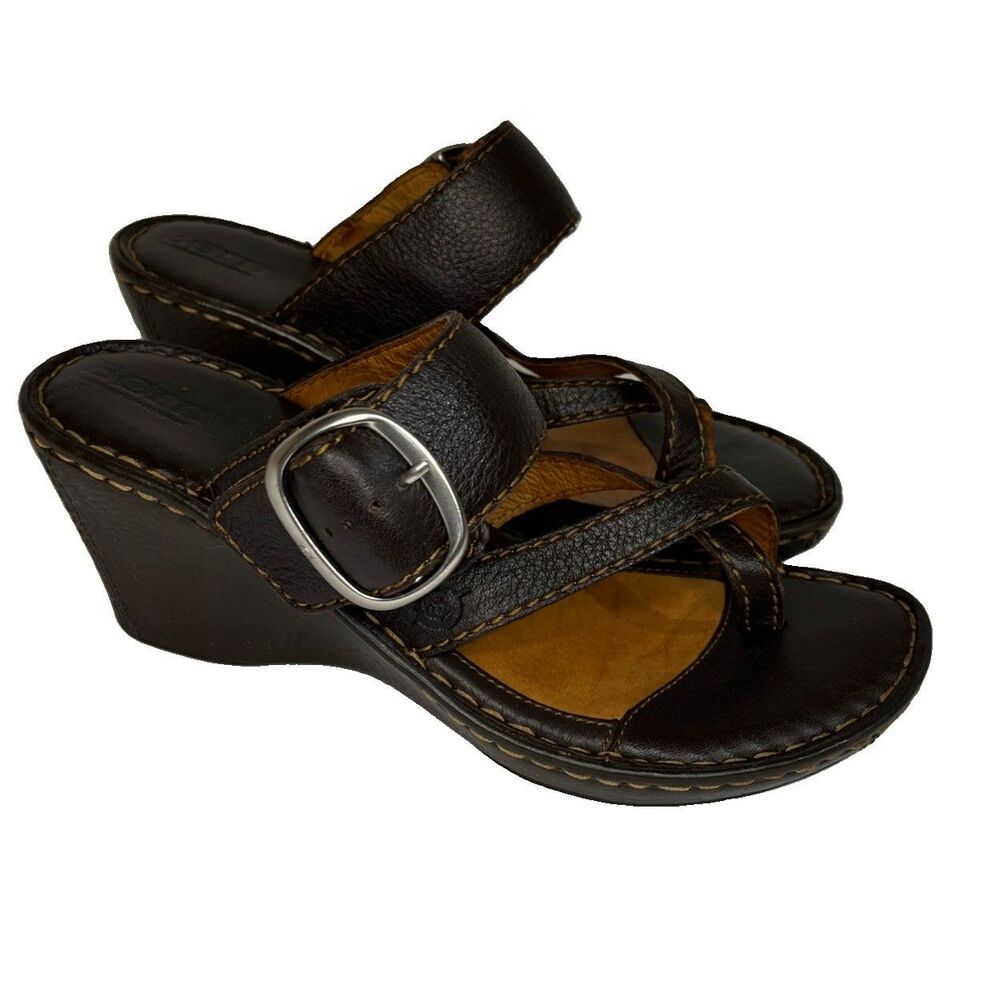 Børn Women’s Brown Leather Strappy 2.5” Wedge Sandals Buckle Adjustable Strap 7